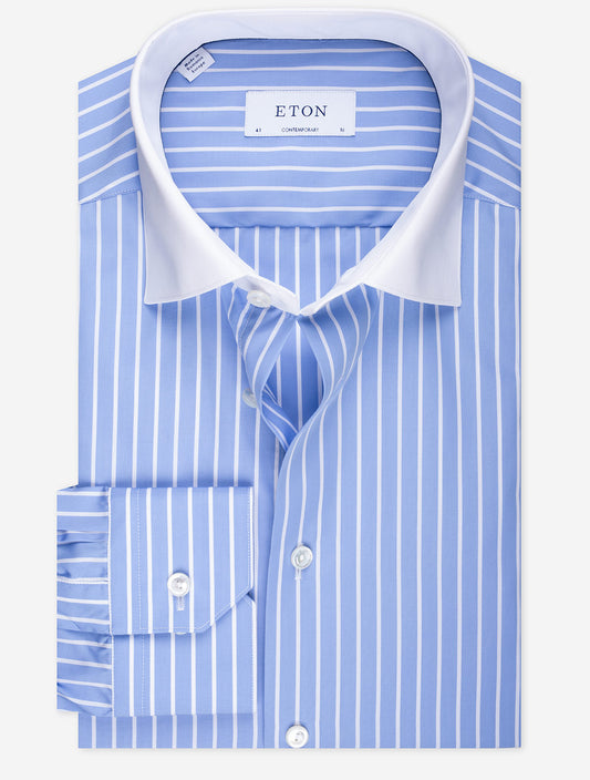 Contrast Collar Stripe Shirt Blue