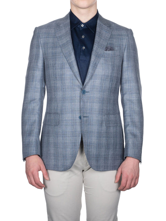 Wool Silk And Linen Check Jacket Clear Blue