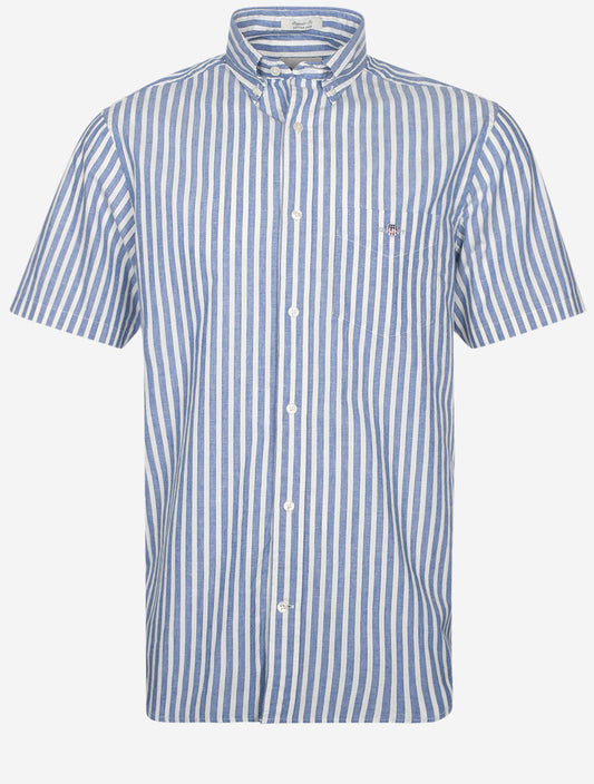 Regular Cotton Linen Stripe Short Sleeve Shirt Rich Blue