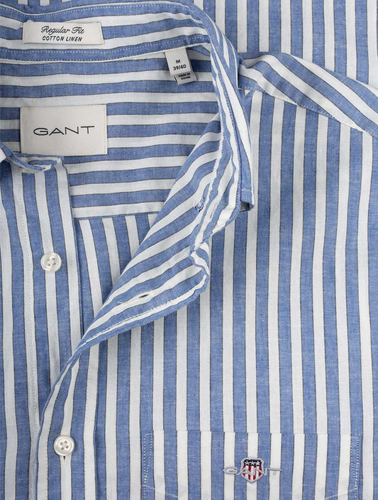 GANT Regular Cotton Linen Stripe Short Sleeve Shirt Rich Blue