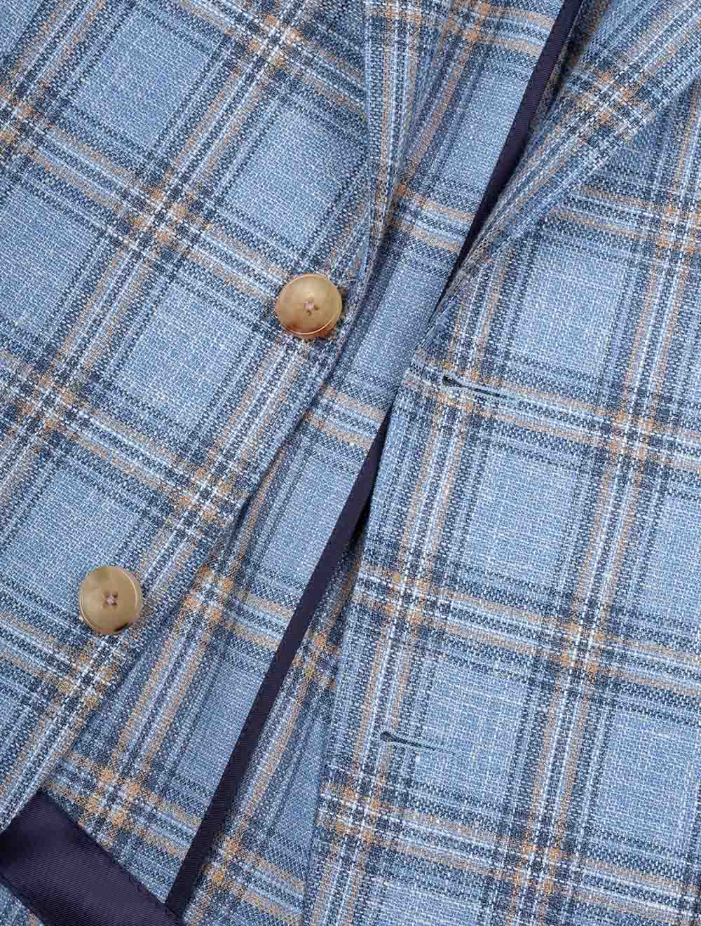 Wool Silk Linen Check Jacket Blue