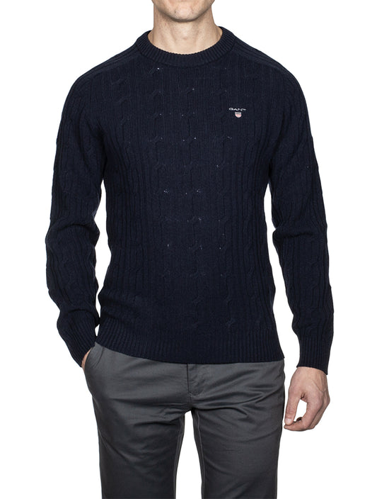 GANT Lambswool Cable Crew Neck Sweater-Evening Blue