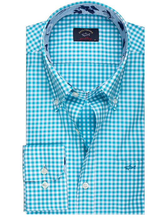 Paul & Shark Turquoise Gingham Check with Contrast Floral Inlay Shirt