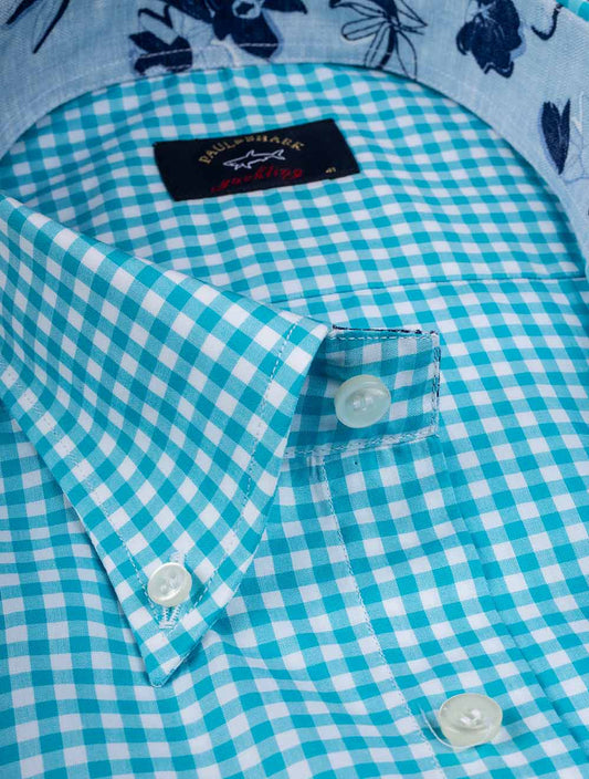 Paul & Shark Aqua Gingham Check with Contrast Floral Inlay Shirt