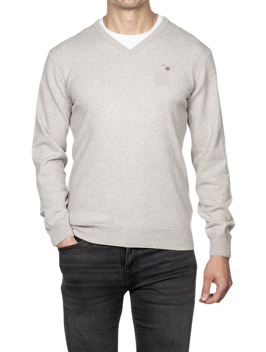 Super Fine Lambswool V-Neck Sweater Light Grey Melange