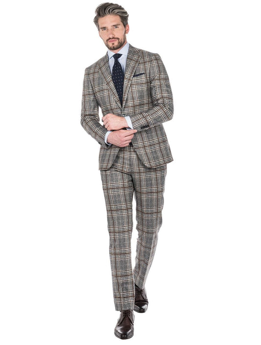 Grey Brown Overcheck Two Piece Suit Grey