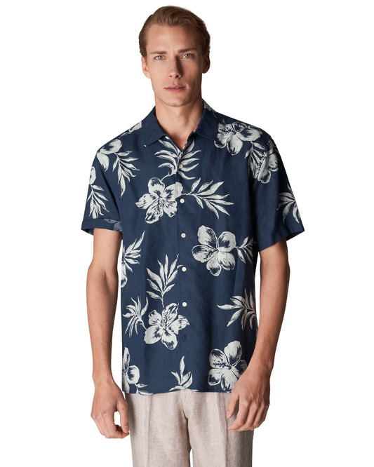 Contemporary Fit Short Sleeve Linen Floral Shirt Navy