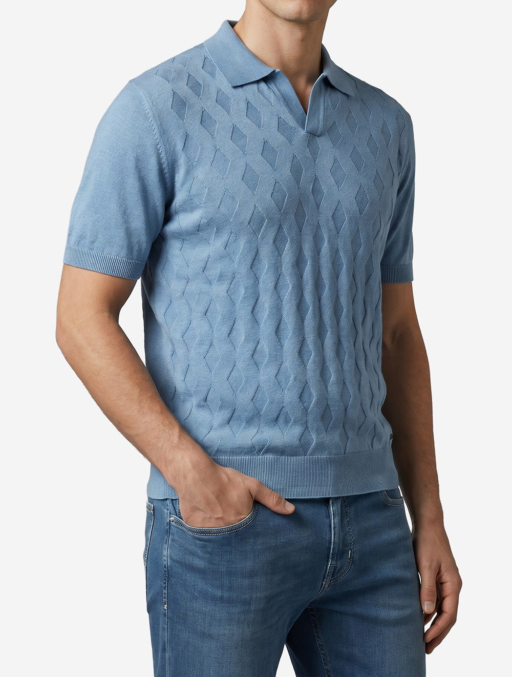 Diamond Pattern S/S Knit Polo-Blue