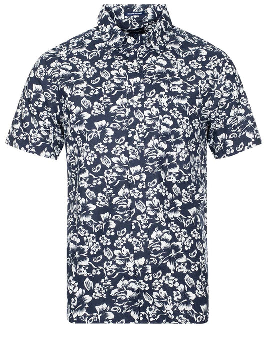 Regular Floral Cotton Linen Short Sleeve Shirt Marine