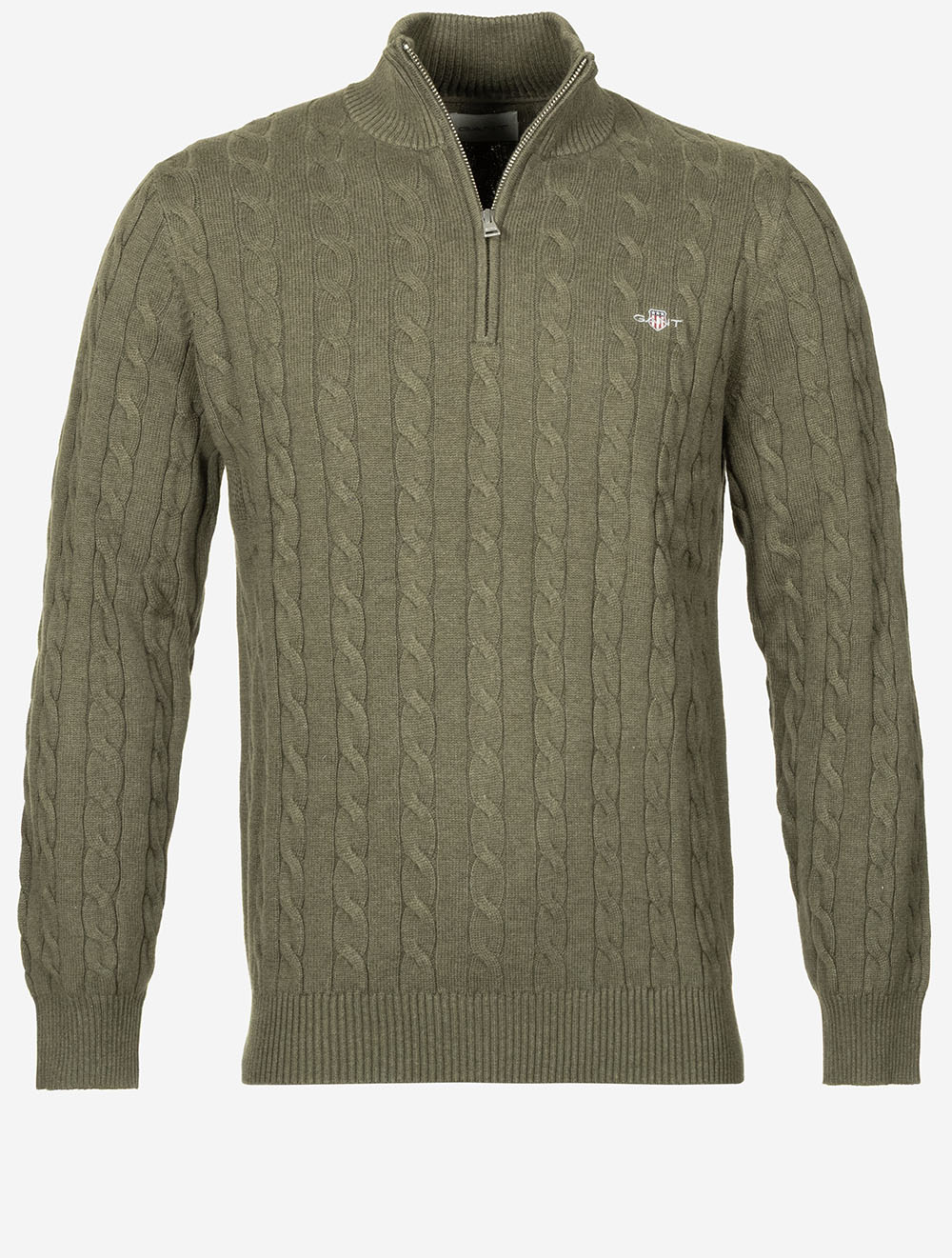 Cotton Cable Half Zip Khaki Green Melange