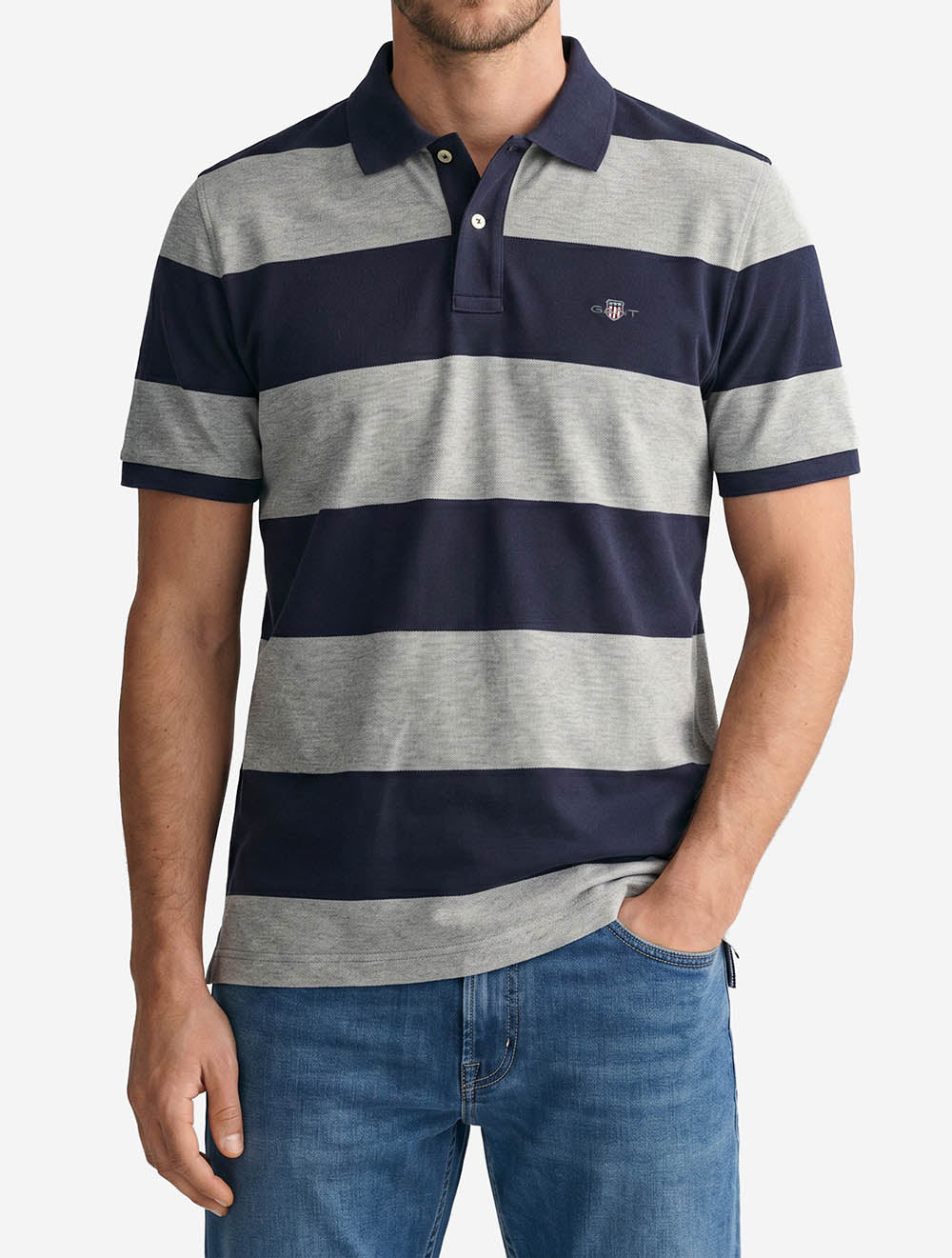 Block Stripe Polo Grey Melange