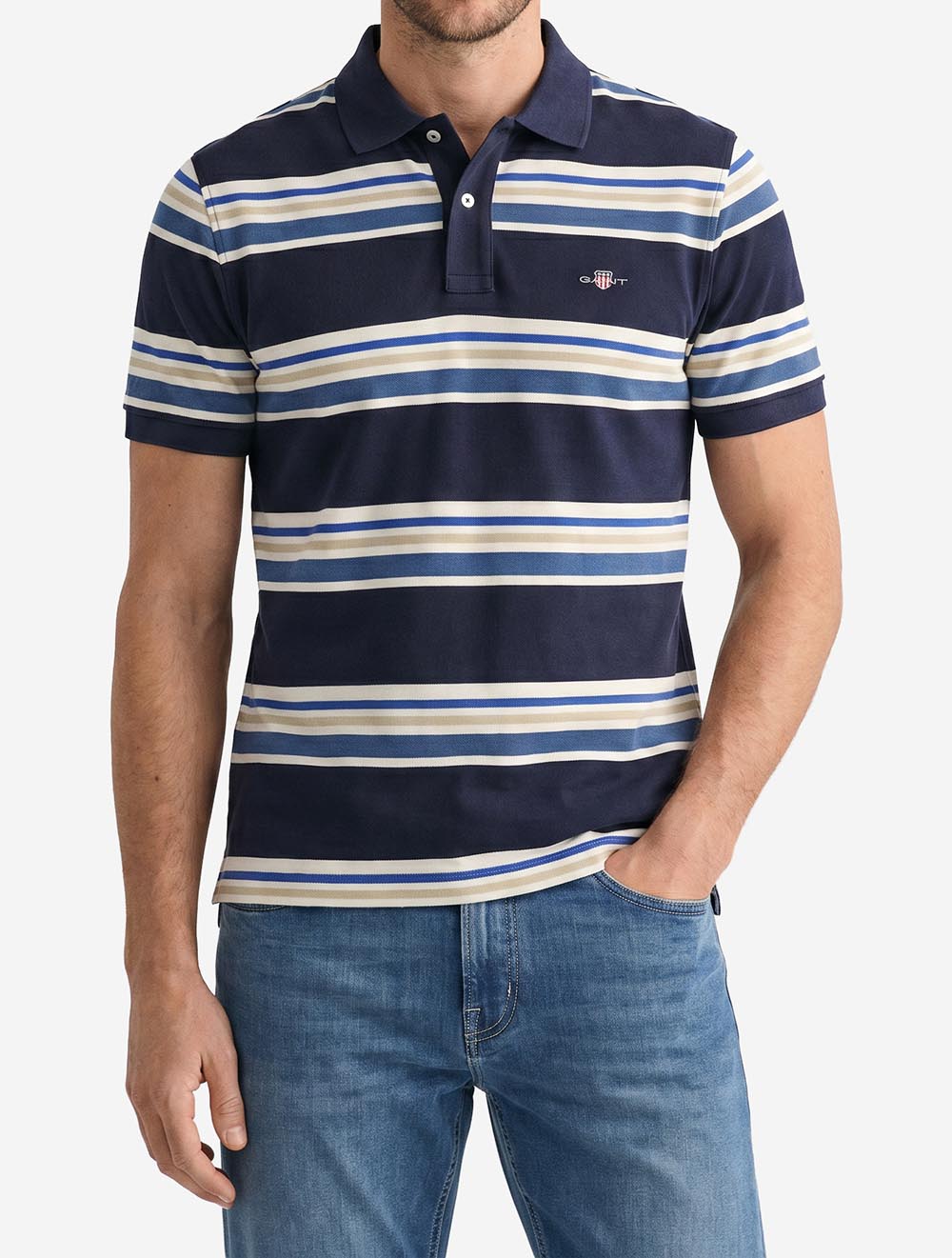 Multi Striped Short Sleeve Polo Evening Blue