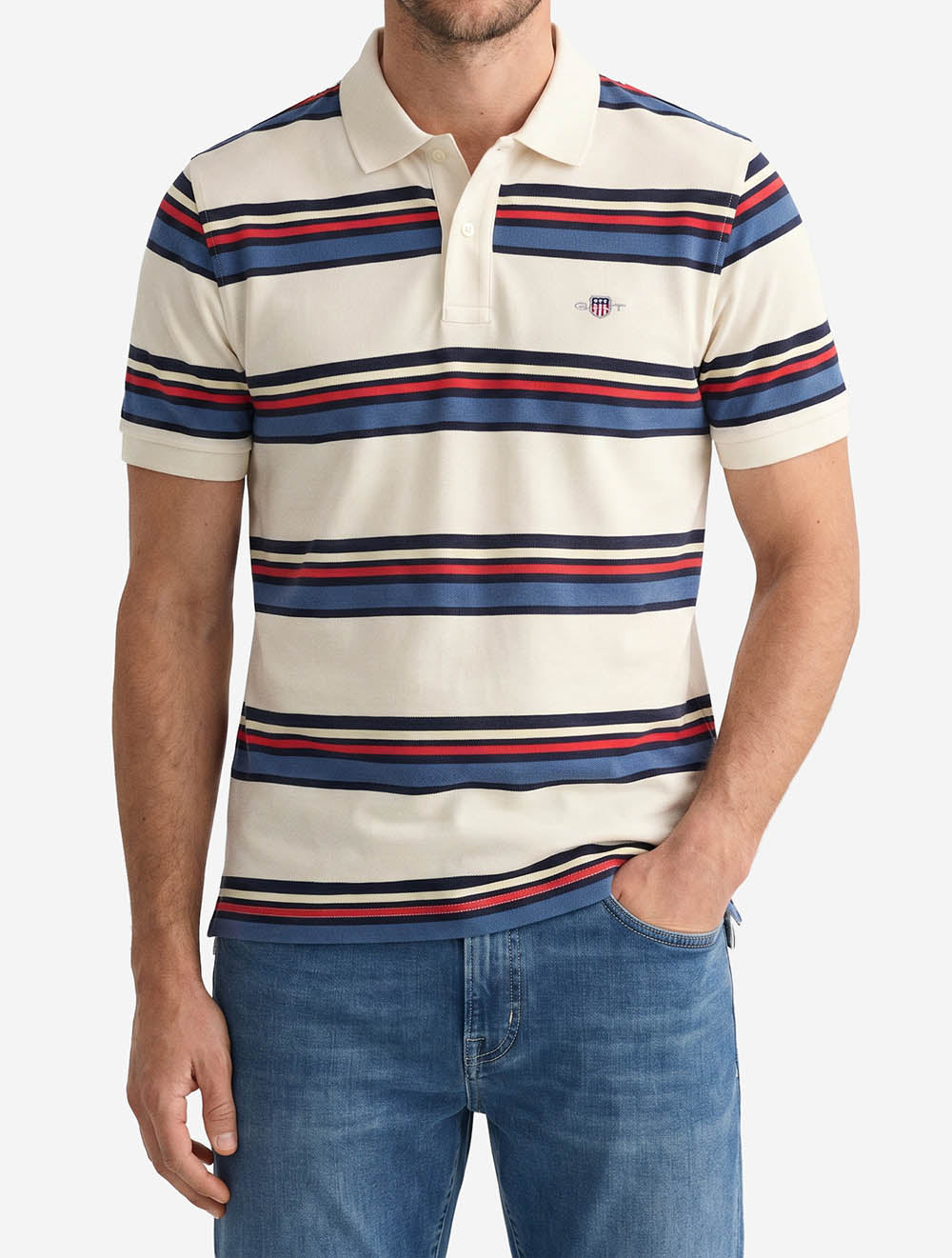Multi Striped Short Sleeve Polo Creamed White