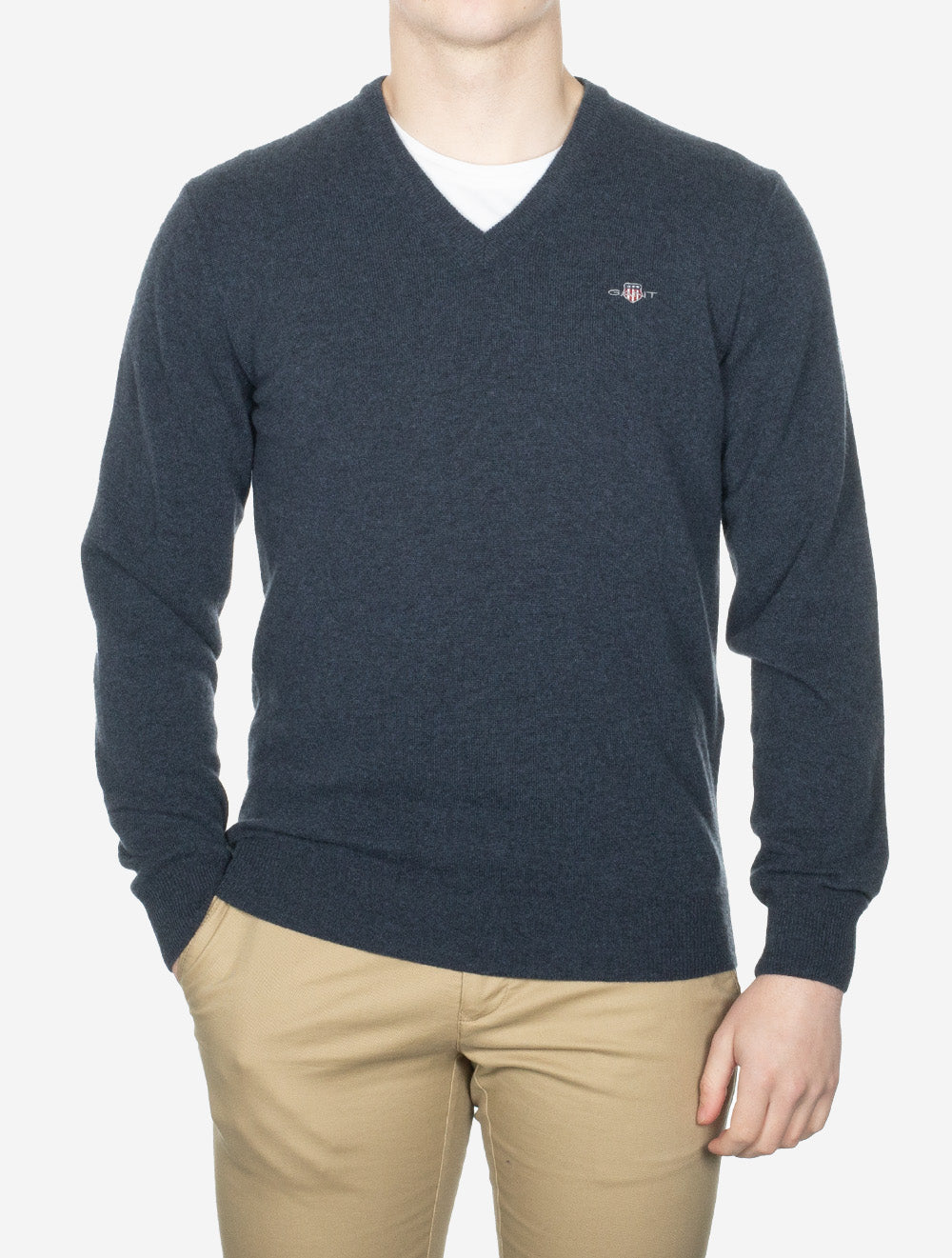 Superfine Lambswool V-Neck Sweater Dark Navy Melange