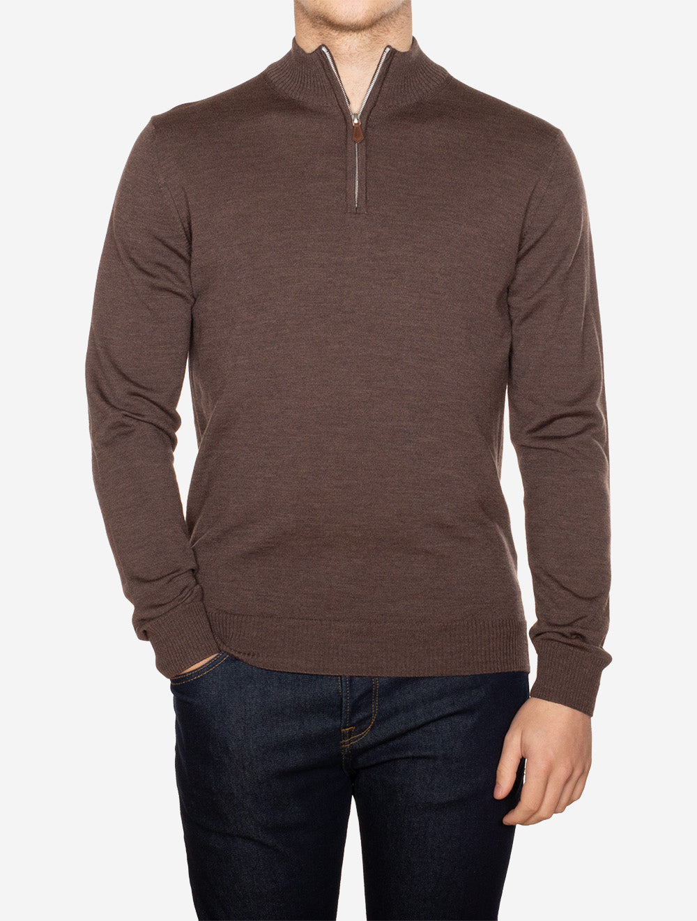 Pull Stenstroms en laine mérinos à demi-zip - Marron foncé chiné