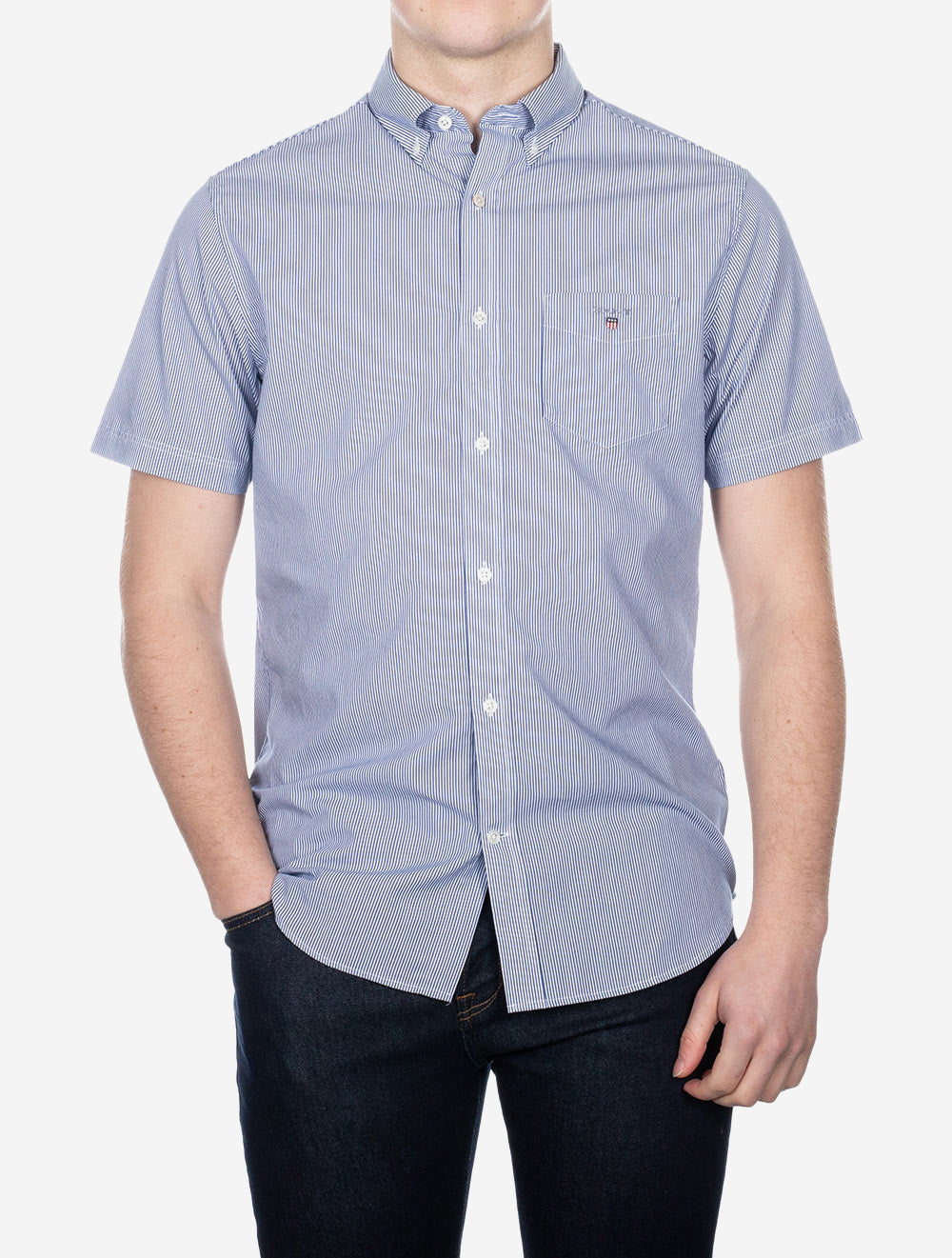 Chemise boutonnée à manches courtes en tissu large coupe standard, bleu collège