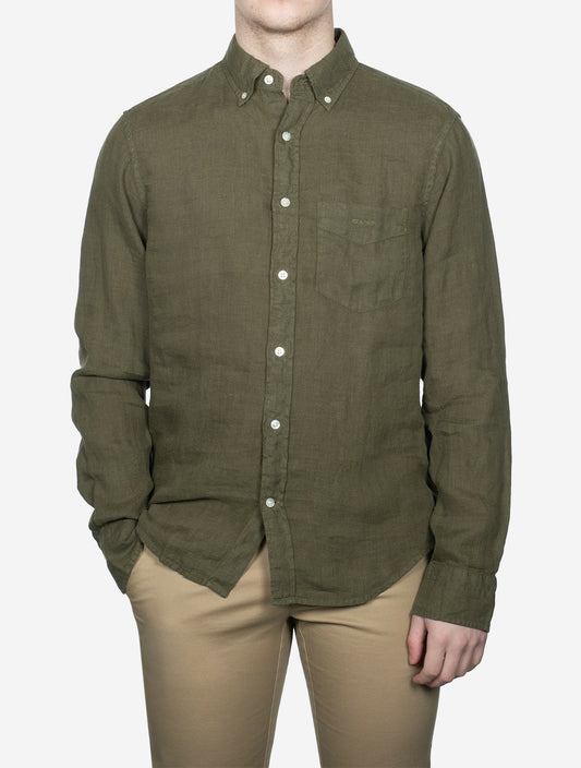 Regular Fit Garment Dyed Linen Shirt Juniper Green