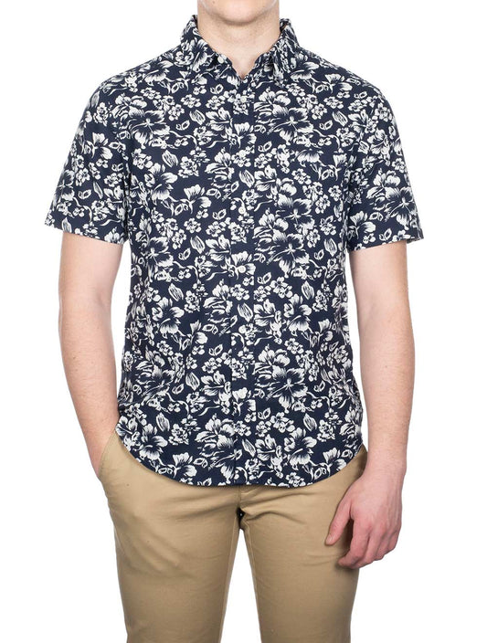 GANT Regular Floral Cotton Linen Short Sleeve Shirt Marine