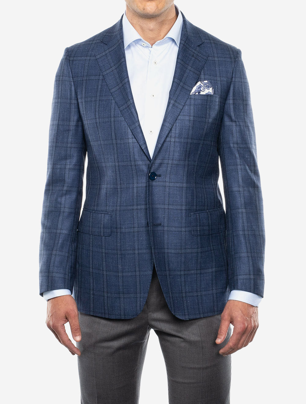 Veste à carreaux en soie et lin bleu