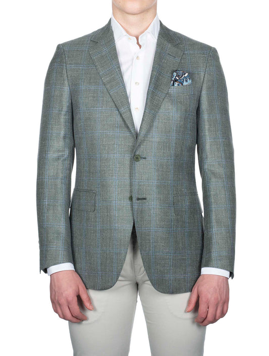 Wool Silk And Linen Check Jacket Green