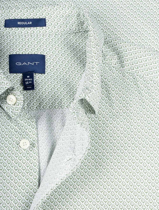 GANT Regular Fit Micro Print Short Sleeve Shirt Kalamata Green