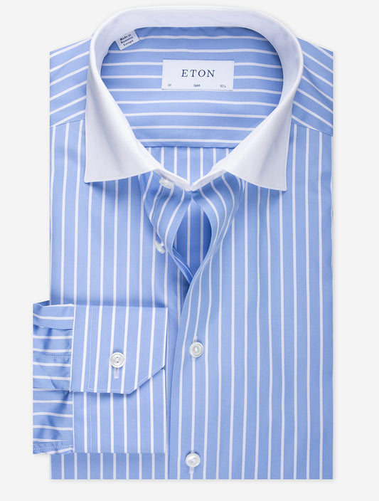 ETON Slim Contrast Collar Stripe Shirt Blue