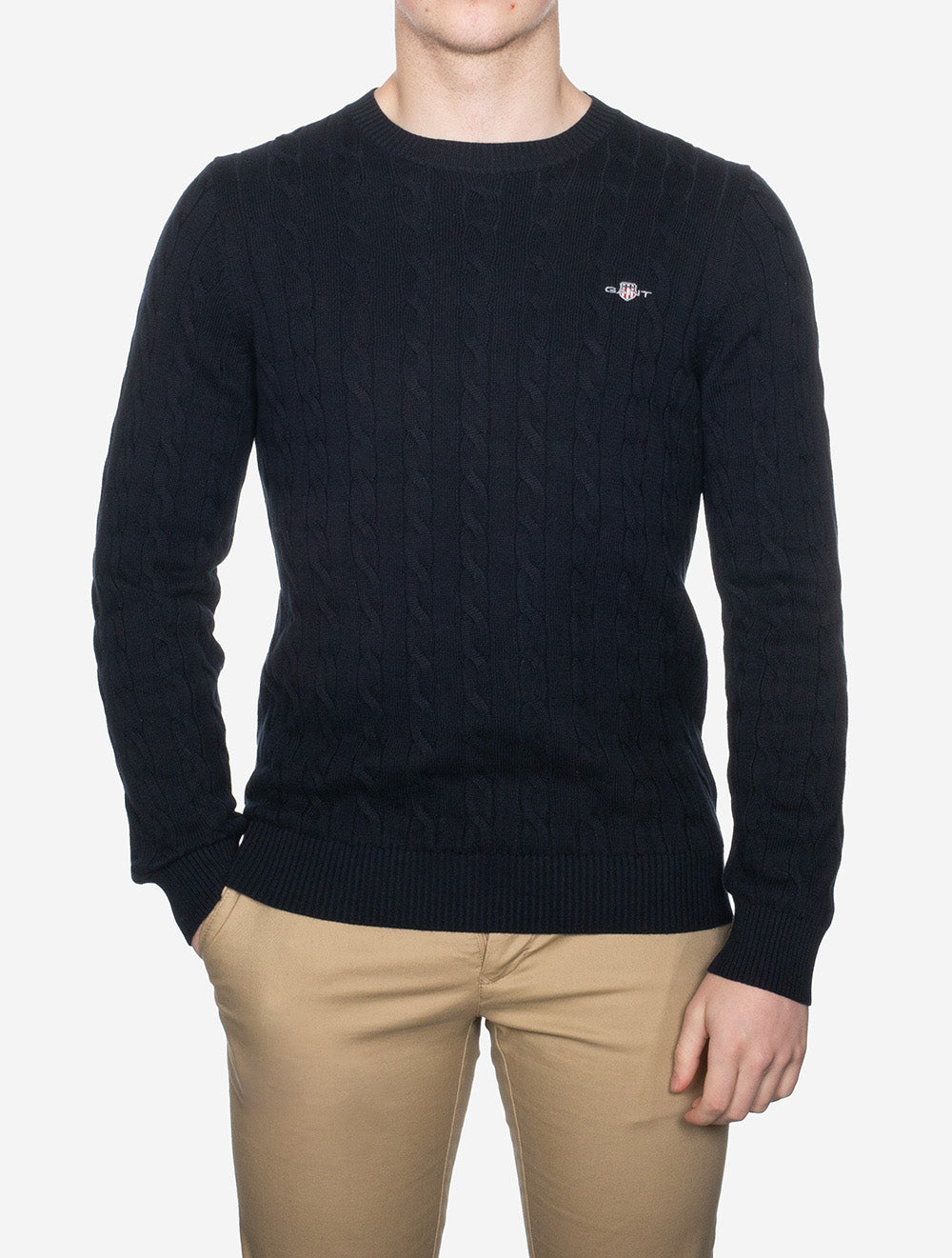Cotton Cable Knit Crew Neck Sweater Evening Blue