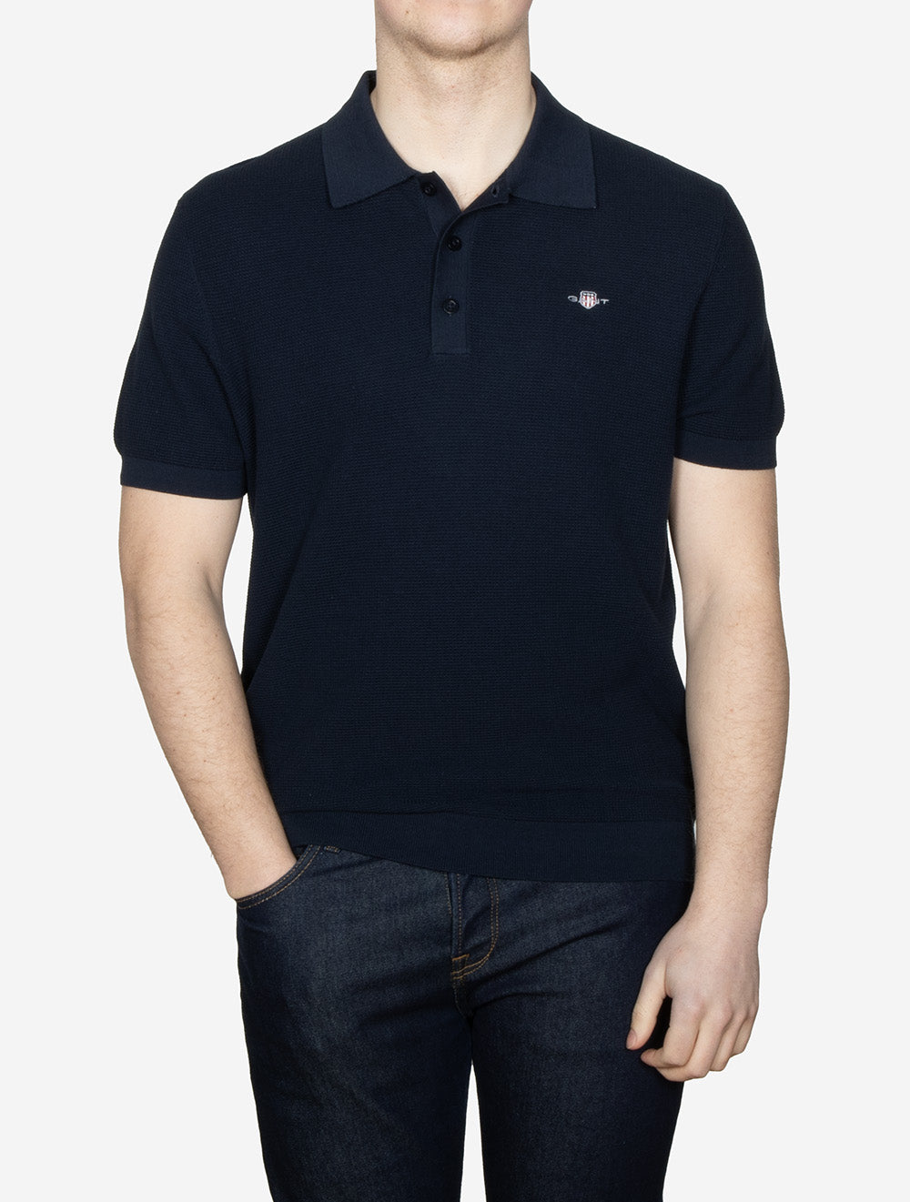 Micro Textured Cotton Short Sleeve Polo Evening Blue
