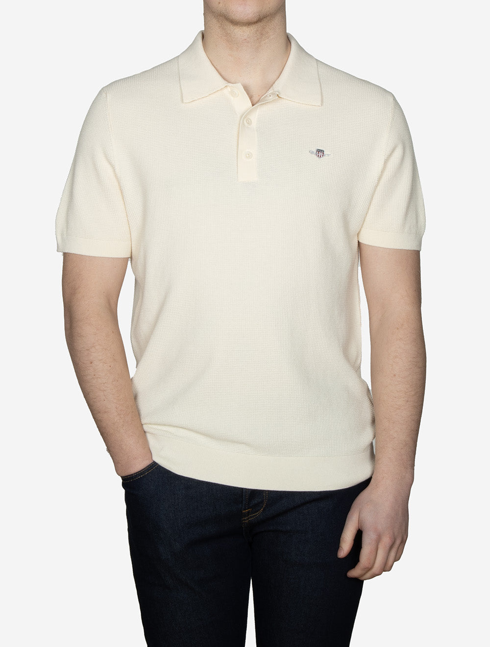 Micro Textured Cotton Short Sleeve Polo Cream