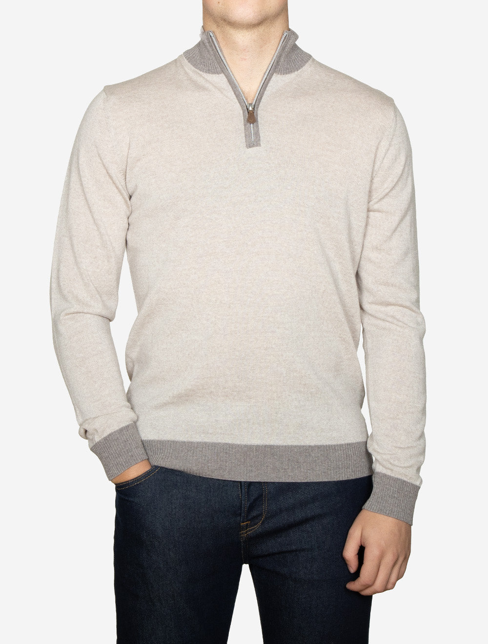 Half Zip Contrast Merino Wool Beige