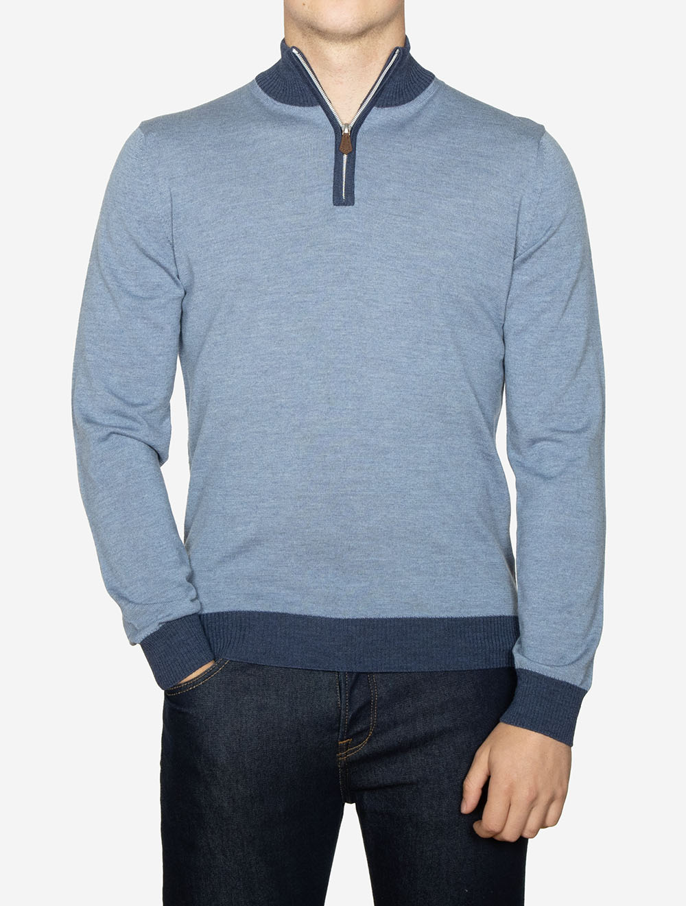 Half Zip Contrast Merino Wool Navy