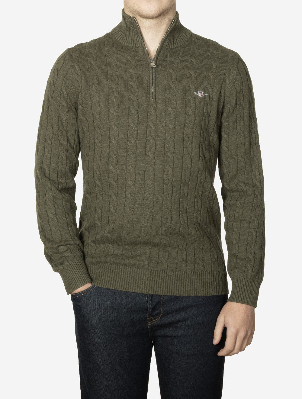 Cotton Cable Half Zip Khaki Green Melange