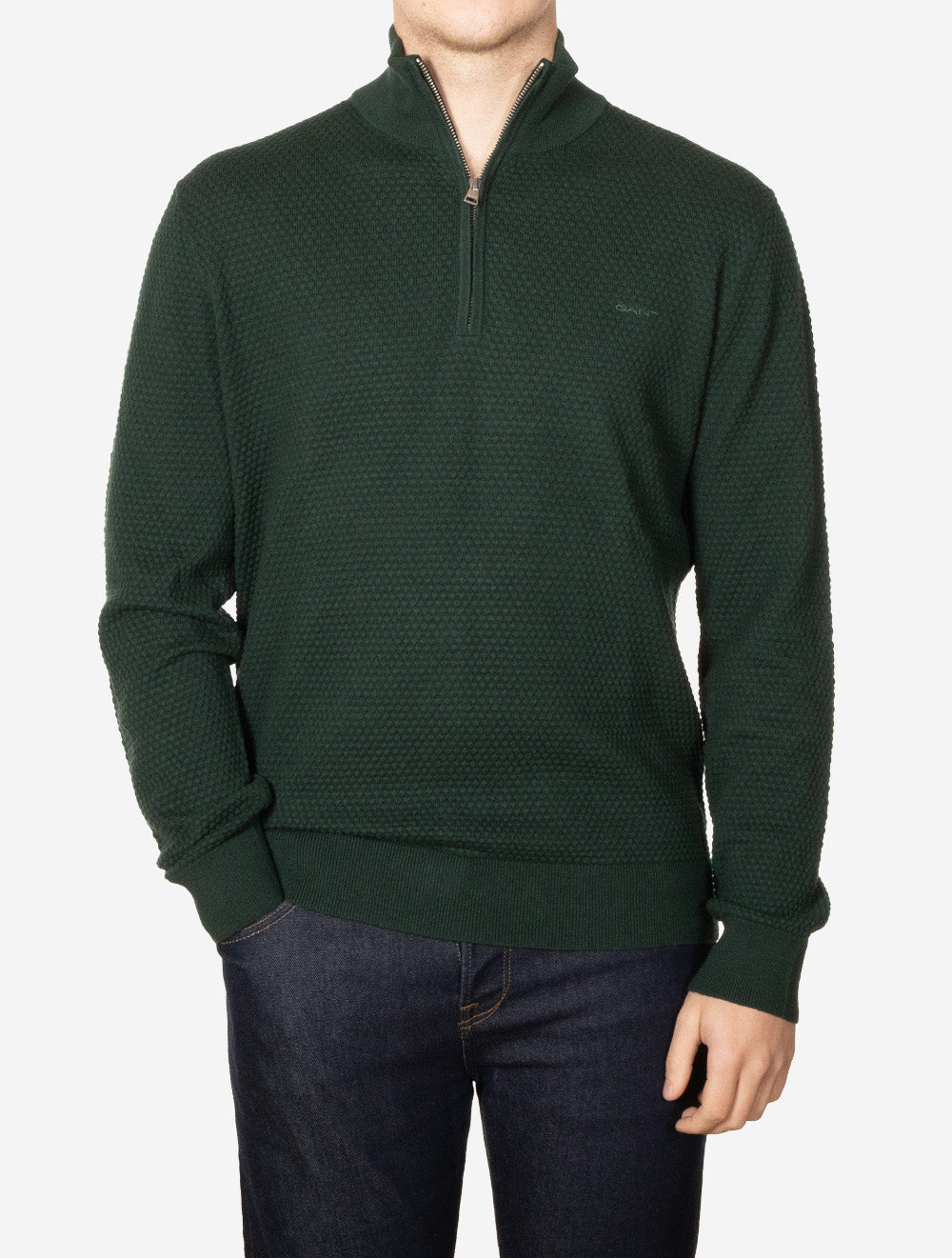 Textured Cotton Merino Half Zip Tartan Green