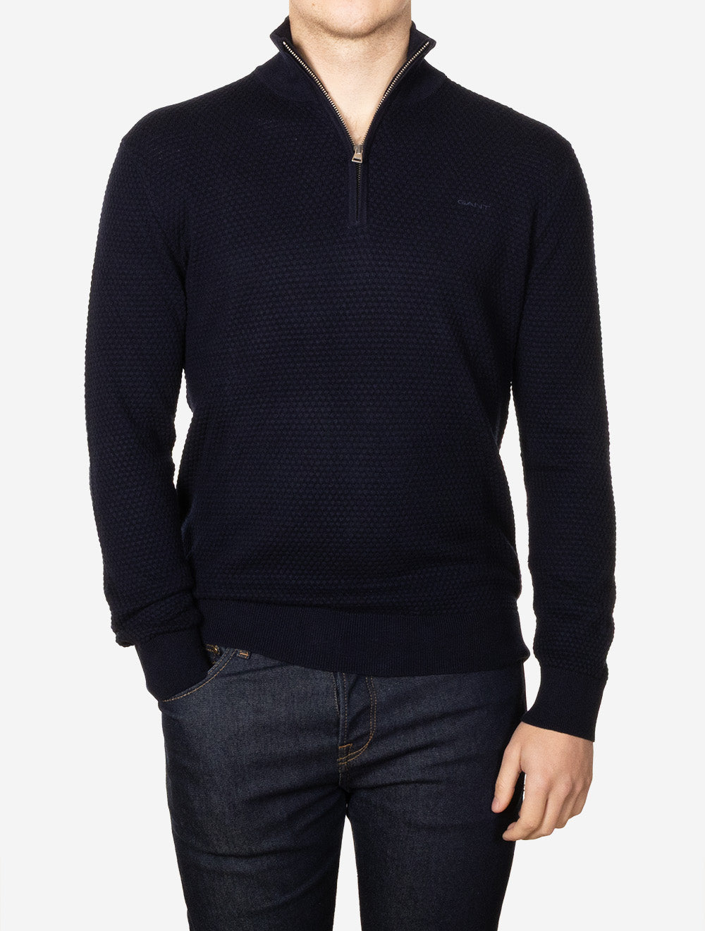 Textured Cotton Merino Half Zip Evening Blue