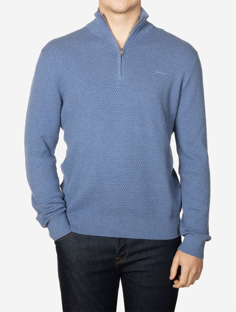 Textured Cotton Merino Half Zip Denim Blue Melange
