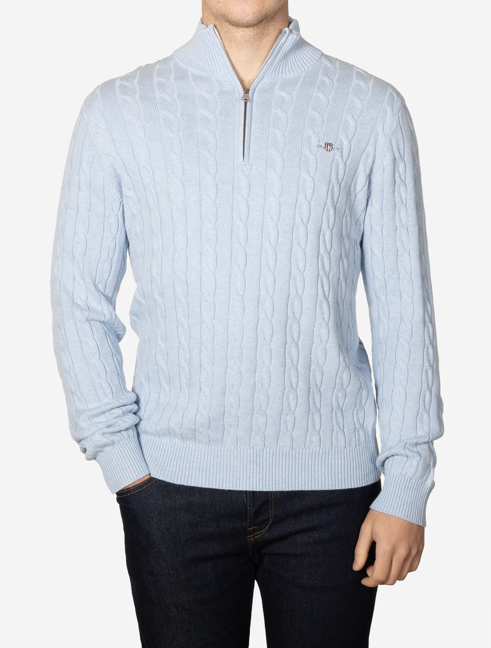 Cotton Cable Half Zip Ice Blue Melange