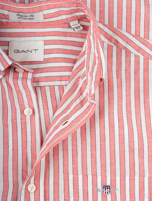 GANT Regular Cotton Linen Stripe Short Sleeve Shirt Sunset Pink