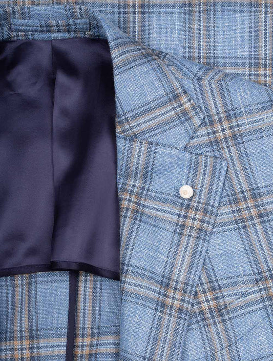 LUBIAM Wool Silk Linen Check Jacket Blue