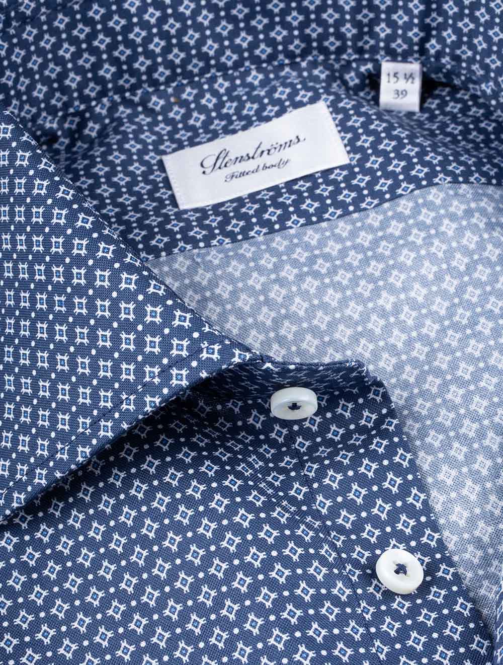 Stenstroms Fitted Pattern Shirt Navy AI2