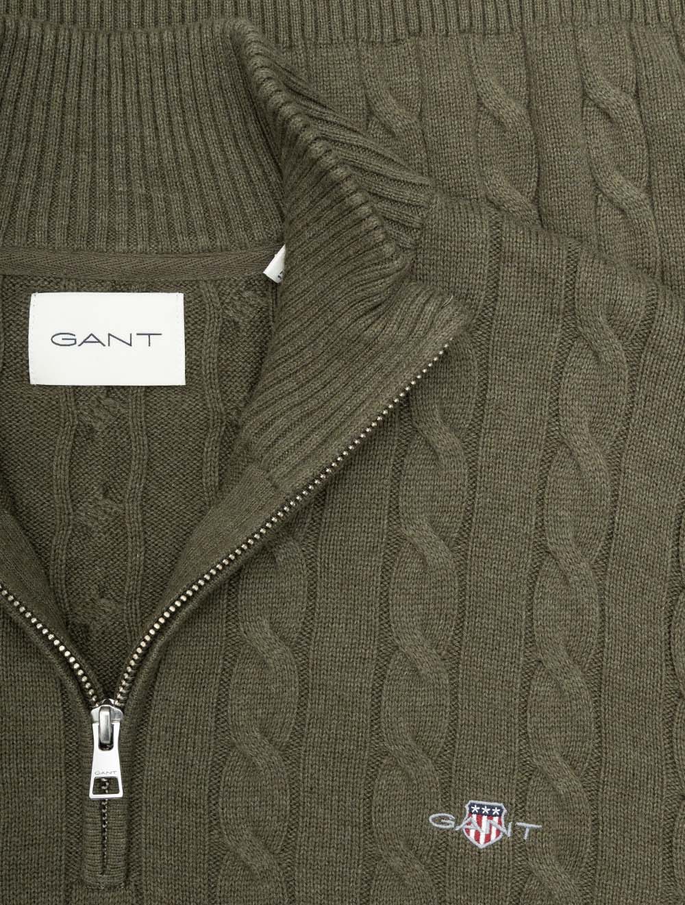 Cotton Cable Half Zip Khaki Green Melange