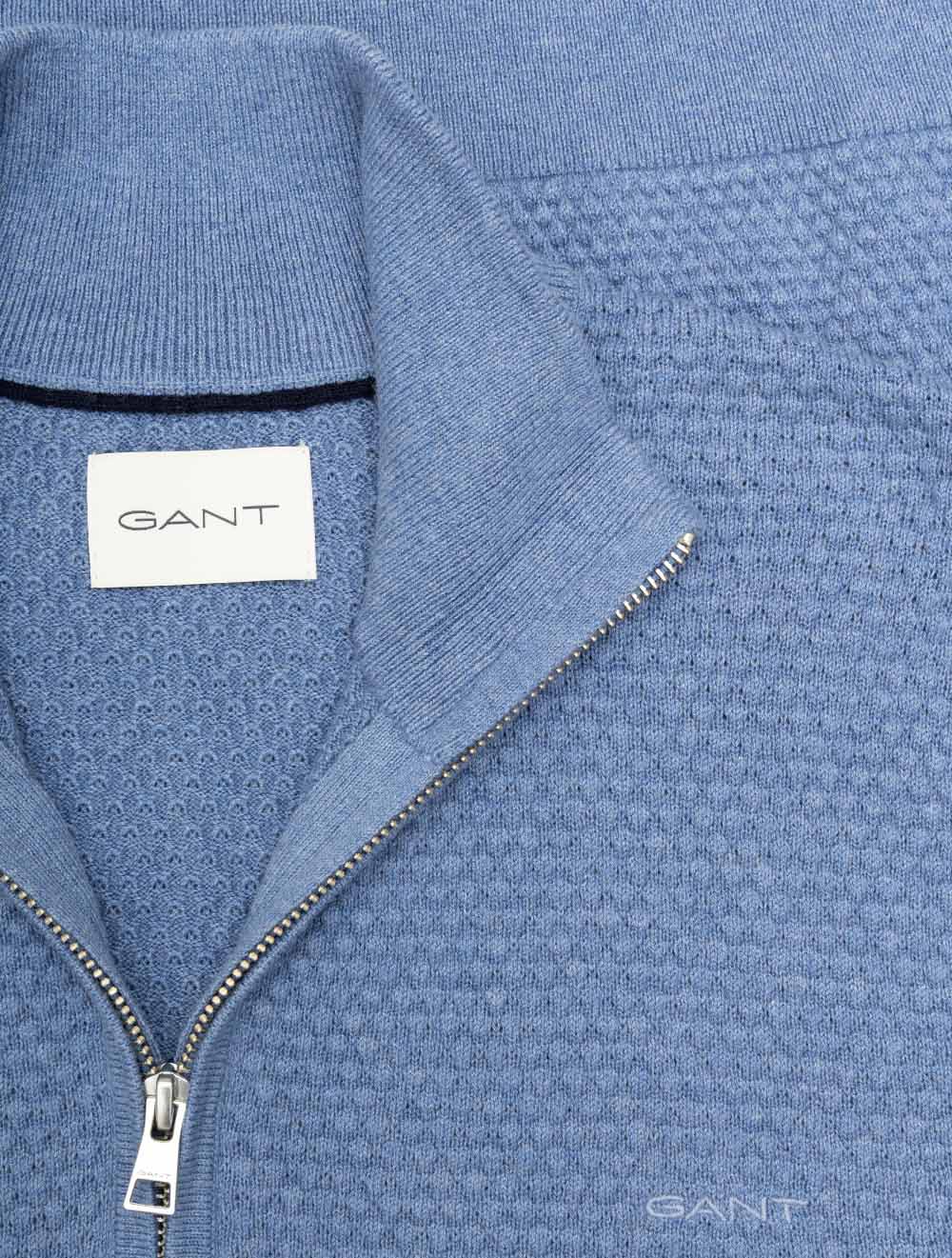 Textured Cotton Merino Half Zip Denim Blue Melange