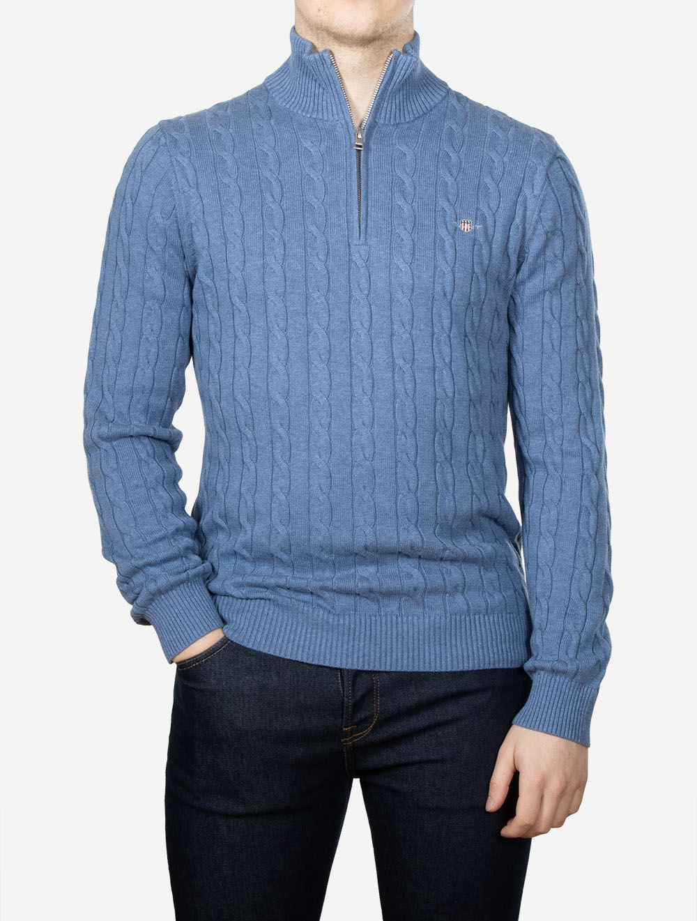 Cotton Cable Half Zip Denim Blue Melange