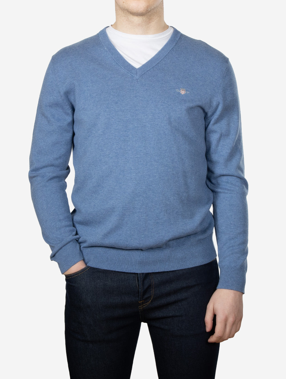 Classic Cotton V-Neck Knit Denim Blue Melange