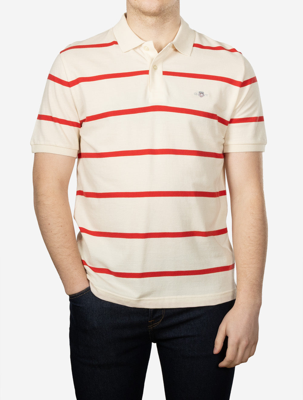 Striped Short Sleeve Polo Shirt Creamed White