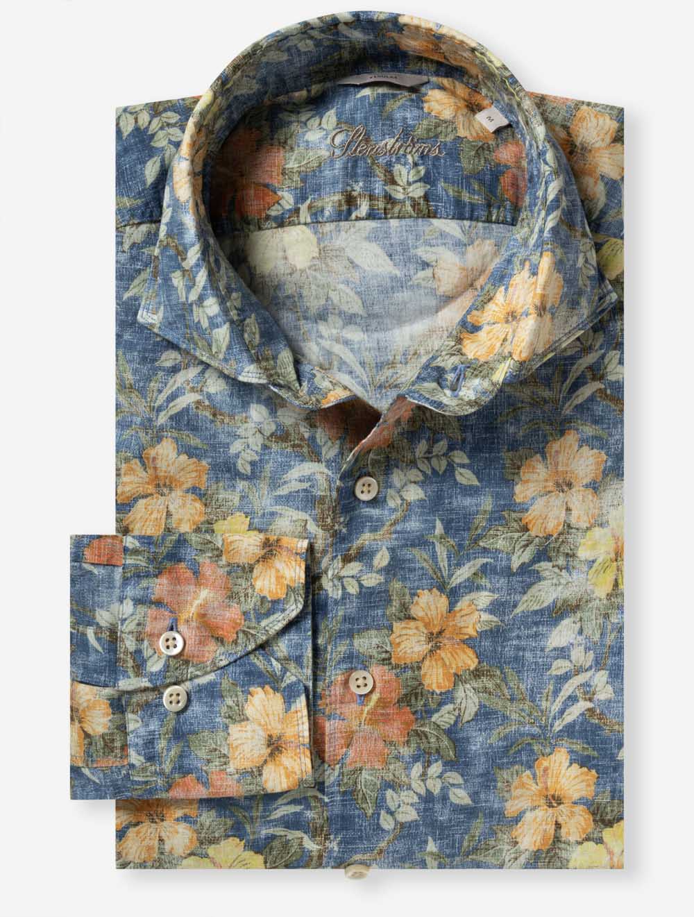 Regular Linen Floral Shirt Blue