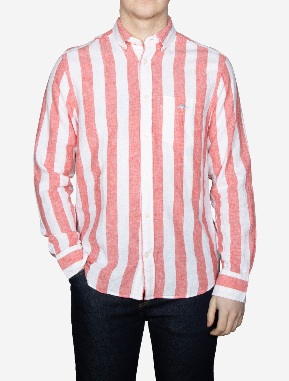 Regular Fit Bold Striped Cotton Linen Shirt Brick Red