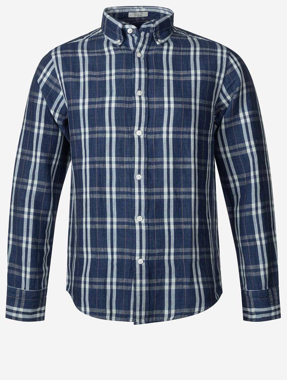 Regular Cotton Linen Indigo Check Shirt Light Indigo