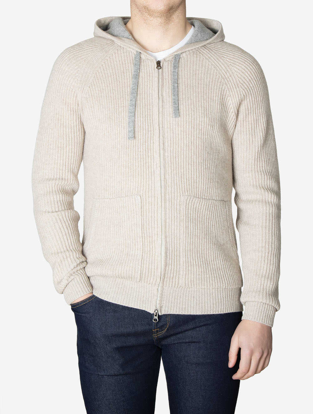 Ivory Knit Full Zip Hoodie Beige