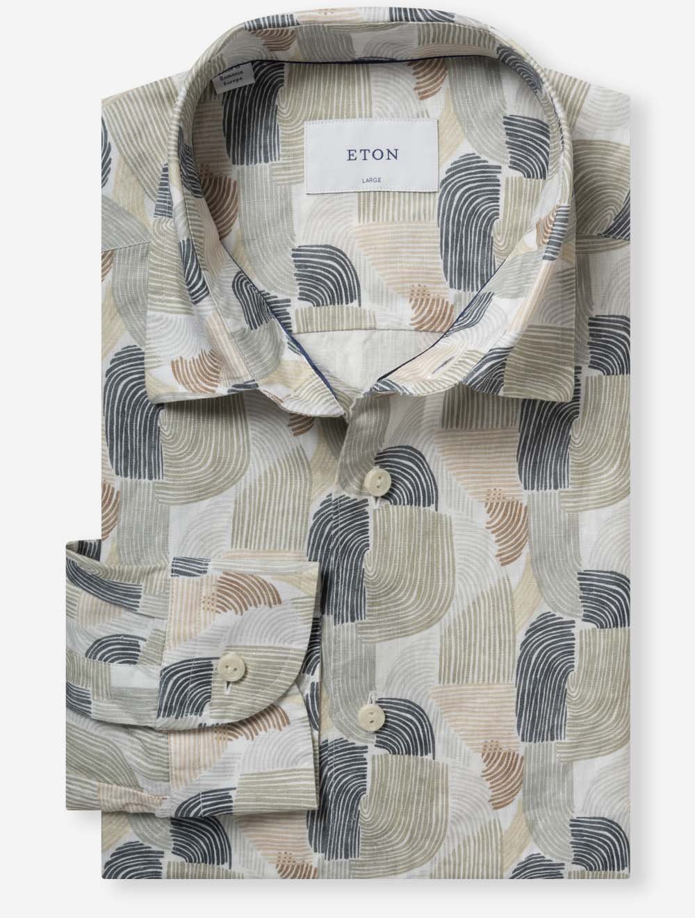 Geometric Print Linen Shirt Green