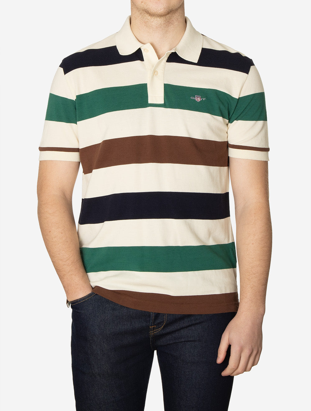 Striped Short Sleeve Polo Shirt Cream